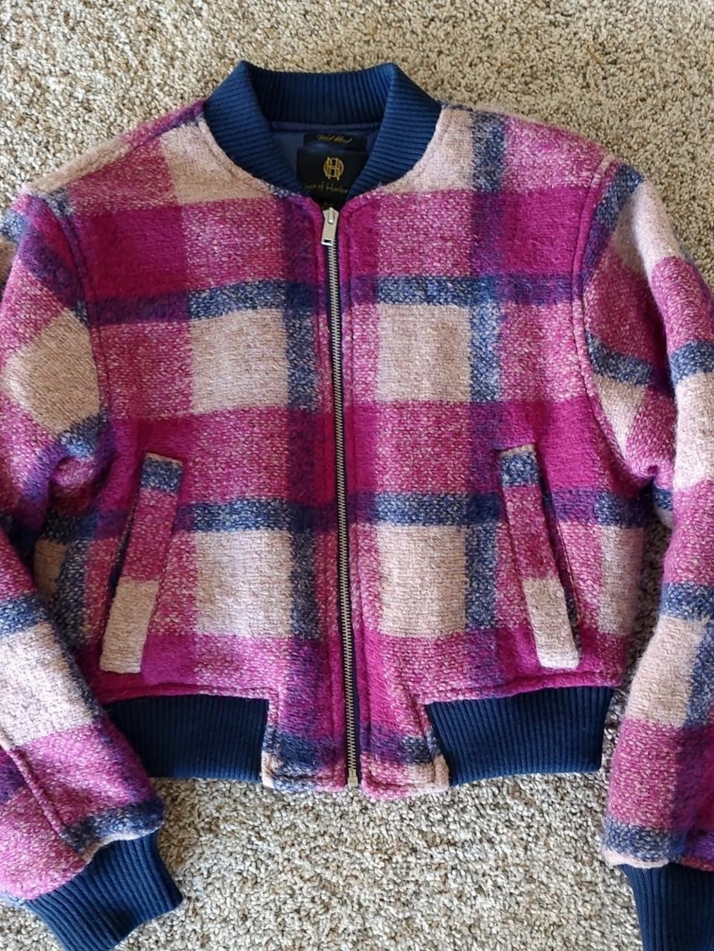 House of Harlow 1960 Pink Plaid Bomber Jacket with Navy Trim